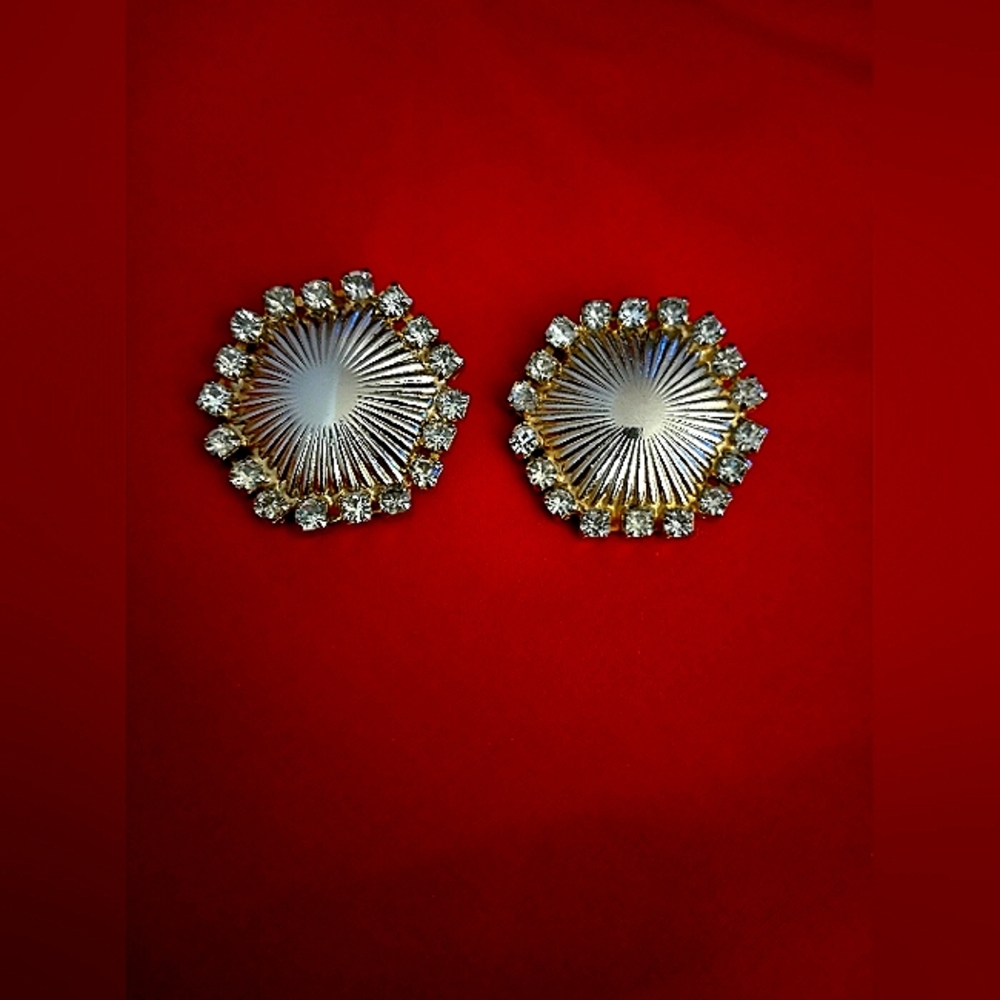 Coro Rhinestone Clip On Earrings signed, Vintage Gold Tone Metal